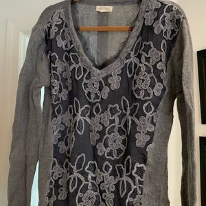 Gray blue sweater. Lace & tulle insets Hip length Belle France size M